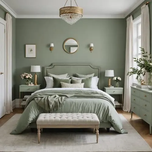 bedroom with green sage walls, bed with sage green bedding, white curtains and bench