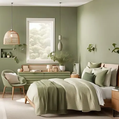 bedroom with green sage walls and bed with sage green bedding