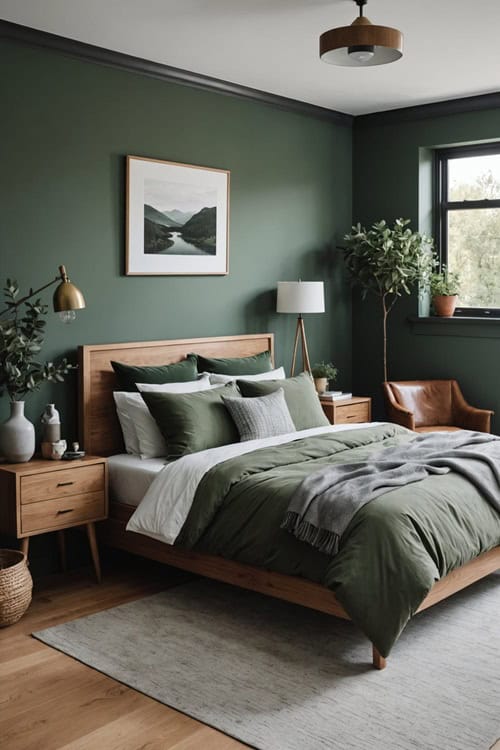 bedroom with dark green sage walls and warm wood furniture