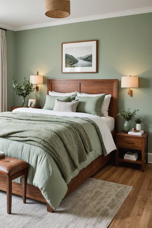 _bedroom with light green sage walls, bed with green bedding and warm wood furniture