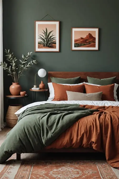 feminine bedroom with green sage walls, bed with green and terracotta bedding and art on the wall