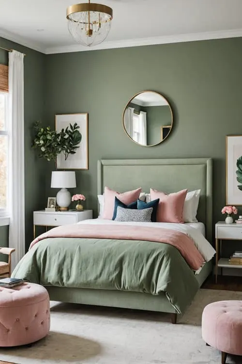 feminine bedroom with green sage walls, bed with green and pink bedding and neutral rug