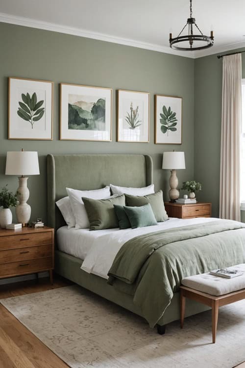 large bedroom with green sage walls, bed with green and white bedding and art on the walls