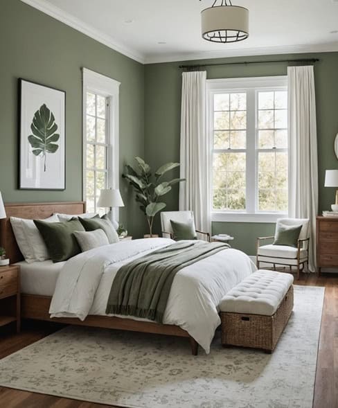 large bedroom with green sage walls, bed with neutral bedding, neutral curtains, and bench at the foot of the bed