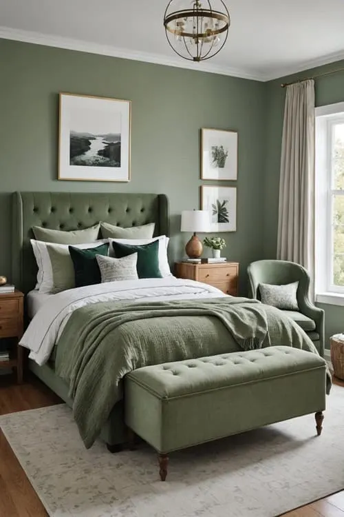 bedroom with green sage walls, bed, art on the walls, and bench at the foot of the bed