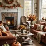 Traditional living room with earthy warm autumn decor, couches and a fireplace