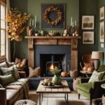 Vintage-style rustic living room with fireplace, couch, and green walls