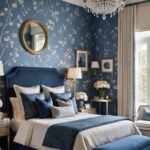 bedroom with be nightstand, navy blue floral wallpaper and large window with cream curtains