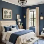 bedroom with bed and night stand with blue walls