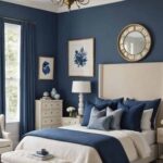 bedroom with bed, night stand dark blue walls