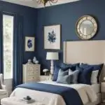 bedroom with bed, night stand dark blue walls