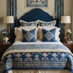 bedroom with bed, night stands cream walls and blue patterned textiles