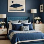 bedroom with bed, night stands, in shades of blue