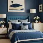 bedroom with bed, night stands, in shades of blue