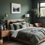 bedroom with dark green sage walls and warm wood furniture