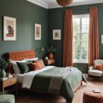 bedroom with dark green sage walls, bed, terracotta curtains and chairs