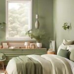 bedroom with green sage walls and bed with sage green bedding