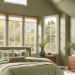 bedroom with green sage walls, bed, and high ceilings