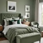 bedroom with green sage walls, bed, art on the walls, and bench at the foot of the bed