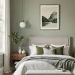 bedroom with green sage walls, bed with neutral bedding, art on the walls, and bench at the foot of the bed