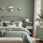 bedroom with green sage walls, bed with sage green bedding, white curtains and bench