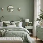 bedroom with green sage walls, bed with sage green bedding, white curtains and bench