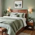 _bedroom with light green sage walls, bed with green bedding and warm wood furniture