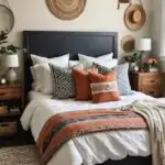 boho style guest bedroom with night stands, lamps and wall decor