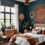 boho style guest bedroom with plants, wood dresser and wall art