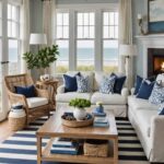 coastal living room with white couches, rattan chair and windows