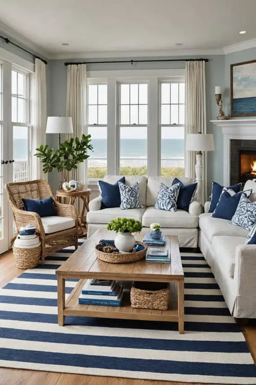 coastal living room with white couches, rattan chair and windows 