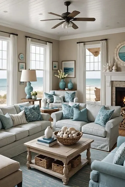 Coastal Living Room with couches, fireplace, and square coffee table and windows 