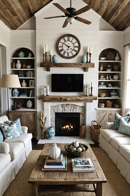 rustic Coastal Living Room with couches, fireplace, and built in bookcases 