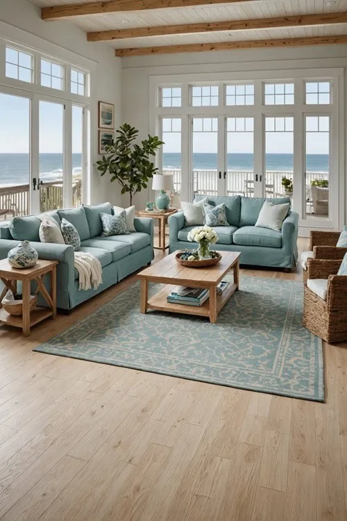 Coastal Living Room with blue couches, windows and light flooring 