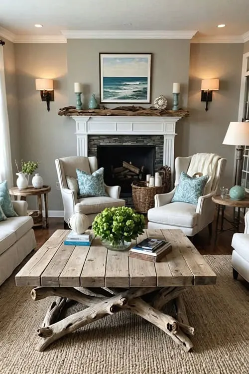 Coastal Living Room with two chairs, a driftwood coffee table and fireplace 