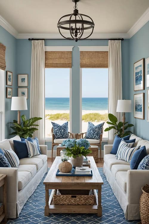 Coastal Living Room with blue walls, couches, windows, and coffee table