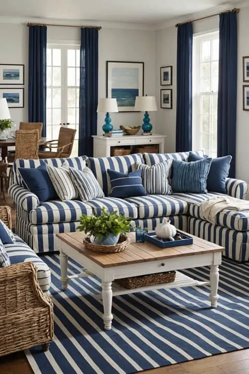 coastal living room with blue and white striped couch, square coffee table and blue curtains on windows 