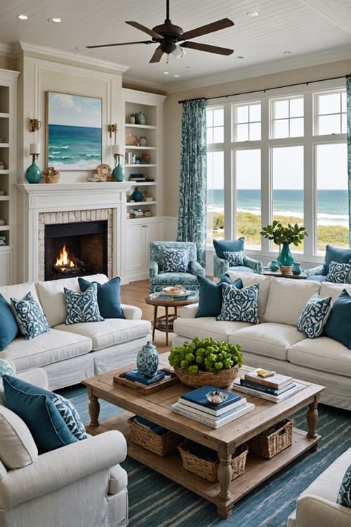 Coastal Living Room with beach themed decor, white couches and fireplace 