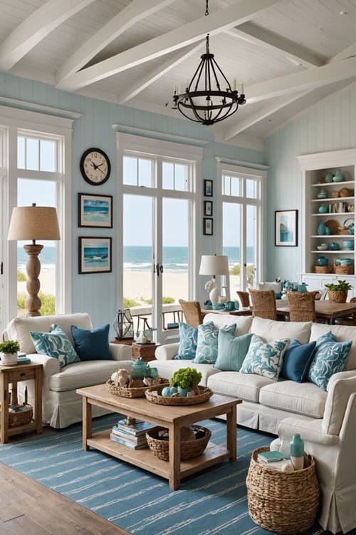 Coastal Living Room with couches, fireplace, and square coffee table and windows