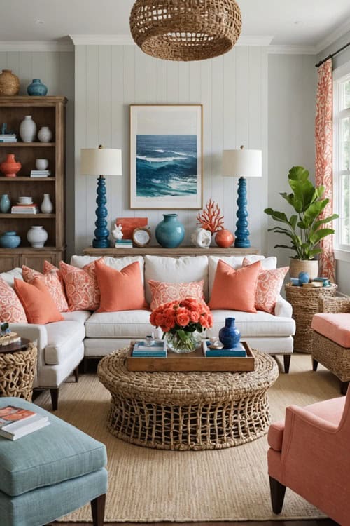 Coastal Living Room with beach themed decor, white couch with coral colored pillows 