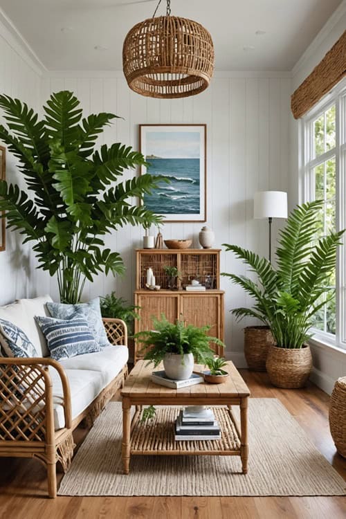 Coastal Living Room with couches, fireplace, and nautical decor 