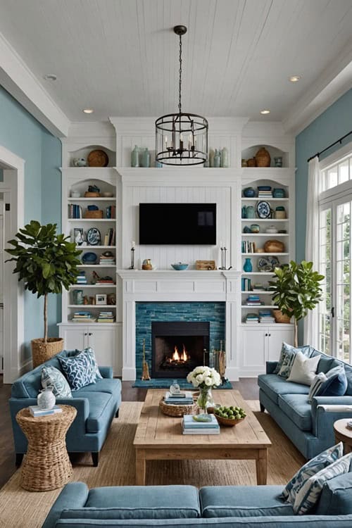 Coastal Living Room with blue couches, fireplace and built in bookcases 