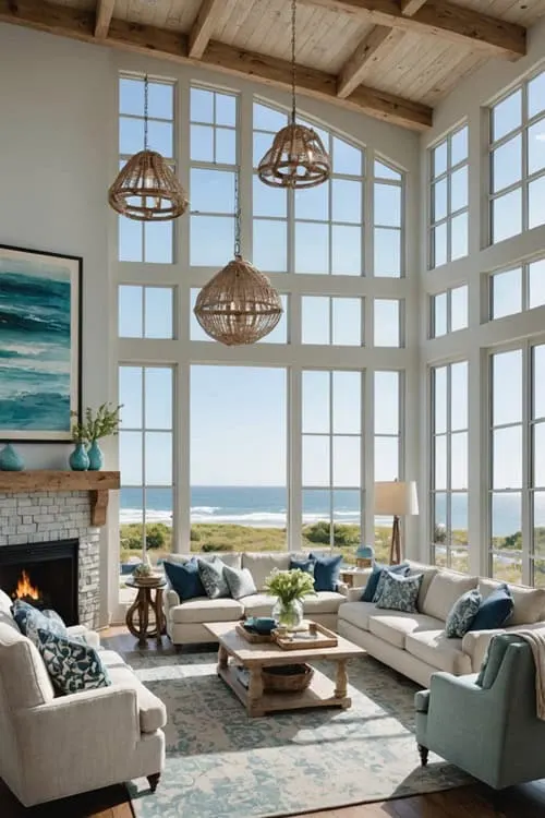 Coastal Living Room with light couches, fireplace, high ceiling and large windows 