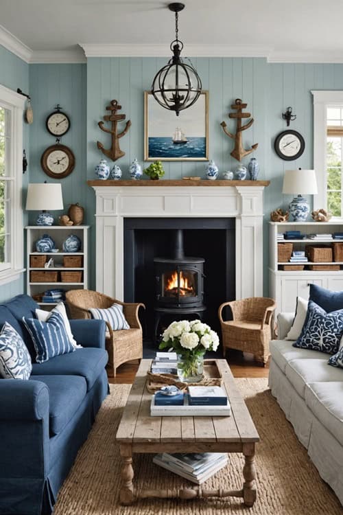 Coastal Living Room with couches, fireplace, and nautical decor 