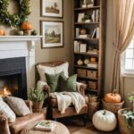 cozy farmhouse living room reading corner with two chairs , bookcase, fireplace in earthy brown and green autumn decor