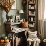 cozy rustic farmhouse bedroom reading corner with earthy brown and green natural autumn decor