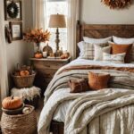 cozy rustic farmhouse bedroom with earthy natural autumn decor