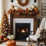 cozy rustic vintage family room with a fireplace with decorations of pumpkins and fall leaf garland