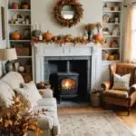 cozy vintage farmhouse sitting room with earthy natural autumn decor