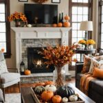 fall decor living room with a fireplace, couch , chairs and windows